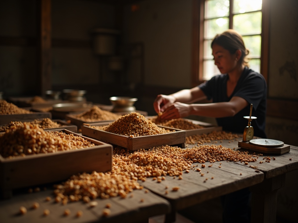 Hands sorting gaharu chips on a grading bench with a small brass scale in an Indonesian workshop