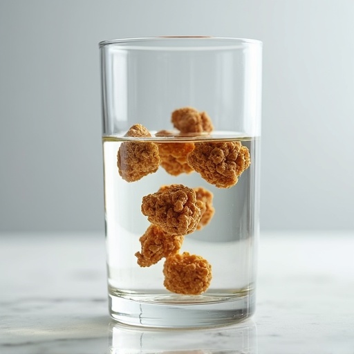 Gaharu sink test — dense chips sinking and lighter chips floating in a clear glass of water