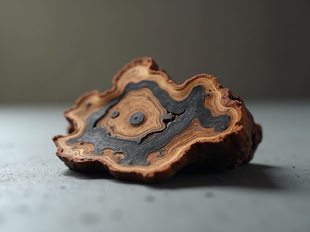 Macro close-up of a dark resin-streaked gubal gaharu heartwood chip on a neutral surface